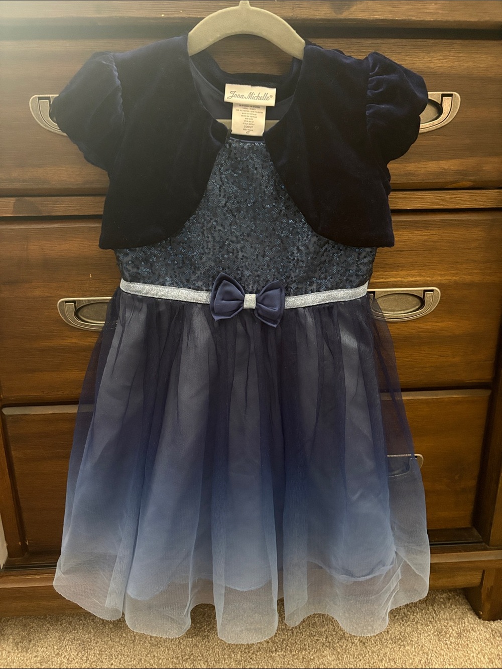 Jona Michelle Navy and Silver Tulle Party Dress with Bow